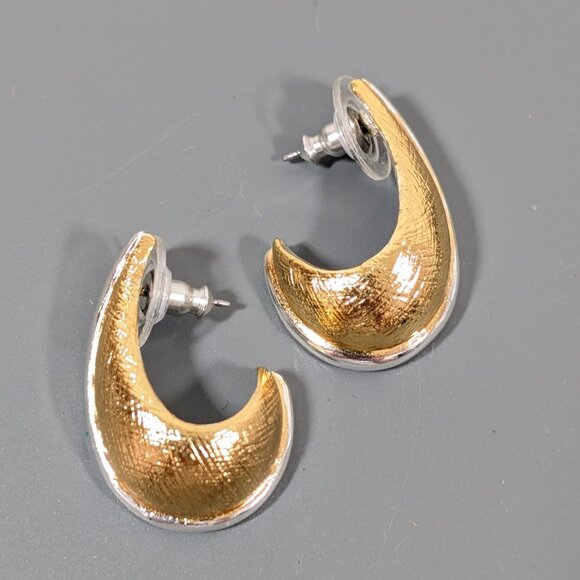 Vintage Napier Two Tone Brushed Half Hoop Drop Earrings Gold Tone - Picture 4 of 9